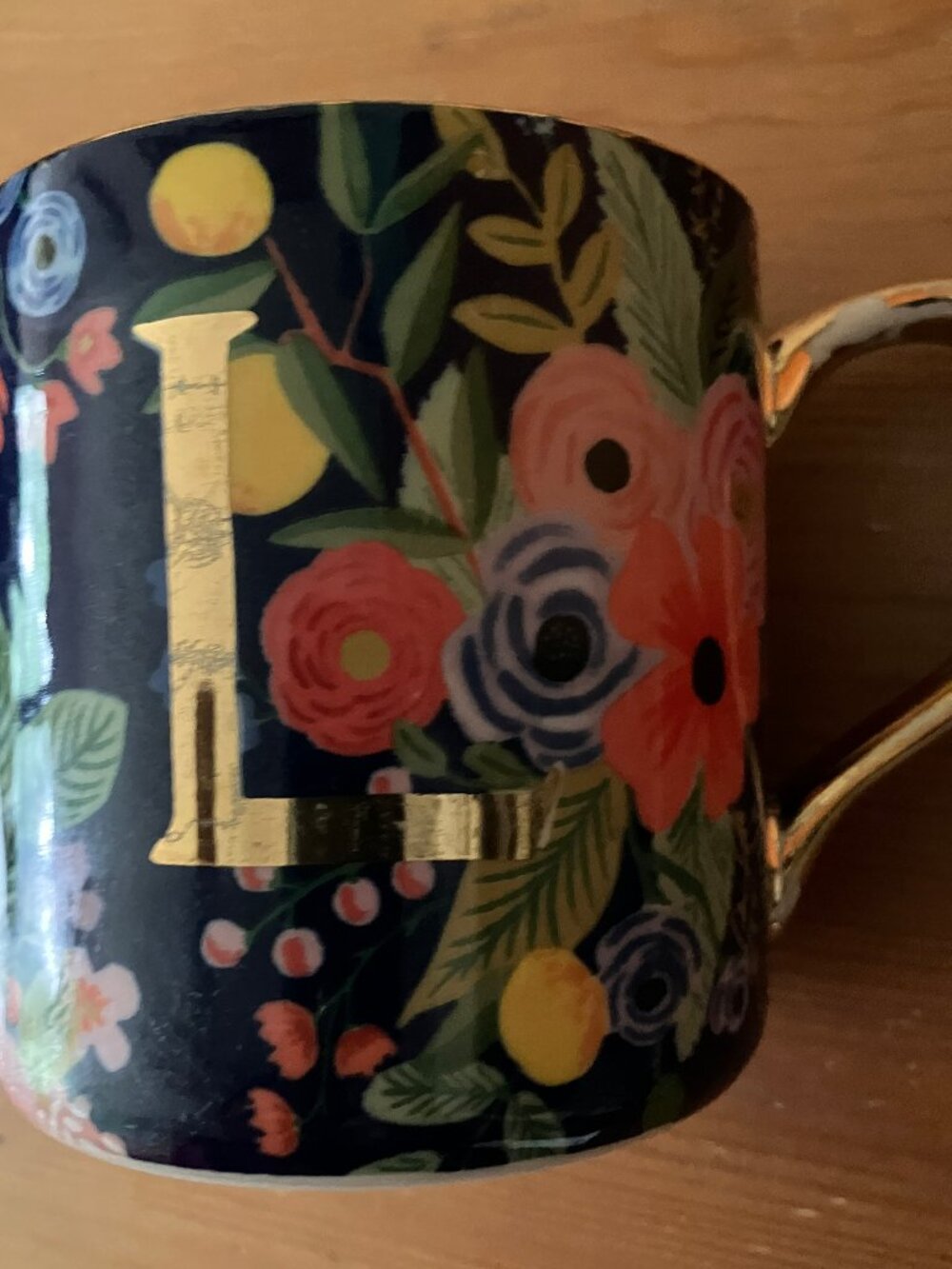 Rifle paper Co. f/Anthropologie monogram "L"coffee mug 12 oz dark floral pattern